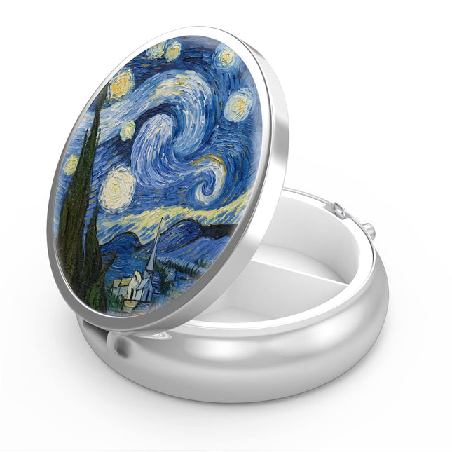 Pill Box 3 Compartments Medicine Pill Box, Portable Pill Box for Pocket or Purse Pill Box Decorative Metal Medicine Vitamin Organizer Unique Gift (Van Gogh Starry Night)