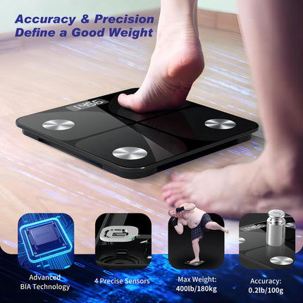 Body fat scale, digital scale 2025 with body fat and muscle mass with APP 180kg / 400lbs, scale personal Bluetooth body scale for body fat, BMI, weight, water and muscle mass