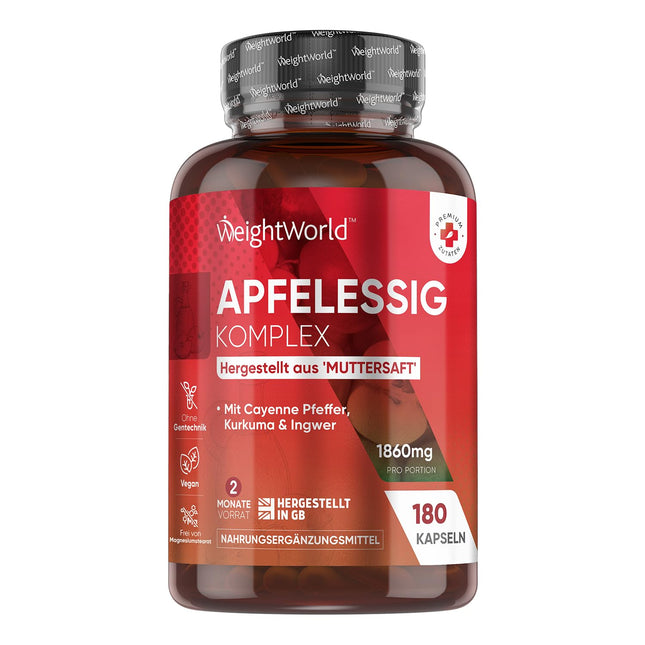 Apple Cider Vinegar Capsules - 1860mg Apple Cider Vinegar Complex of Mother Juice &amp; Lactobacillus Gasseri, Turmeric, Ginger &amp; Cayenne Pepper - 180 Capsules for 2 Months - Apple Cider Vinegar - WeightWorld