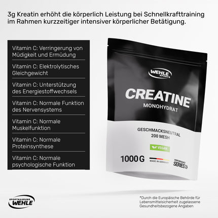Creatine Monohydrate 1kg Powder Pure Creatine Micronized Quality Mesh 200 - Optimally High Dosage 100% Vegan - Wehle Sports (1000g)