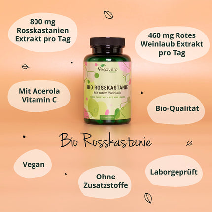 Horse Chestnut Extract Vegavero® | 100% Organic | 800 mg Extract with Vine Leaves &amp; Acerola Vitamin C | Price-Performance Winner 2024* | Aescin &amp; Polyphenols | 120 Vein Capsules | Vegan &amp; No Additives