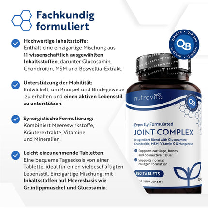 Glucosamine Chondroitin High Dose with Vitamin C + Vitamin D + Manganese + MSM Capsules High Dose - 180 Joint Capsules 6 Month Supply - Dietary Supplement for Men and Women - Nutravita