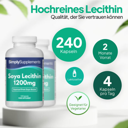 Lecithin 1200 mg Capsules | Highly purified soy lecithin | 240 Capsules | GMP certified &amp; manufactured in the UK | Naturally present in the body | Essential source of phospholipids