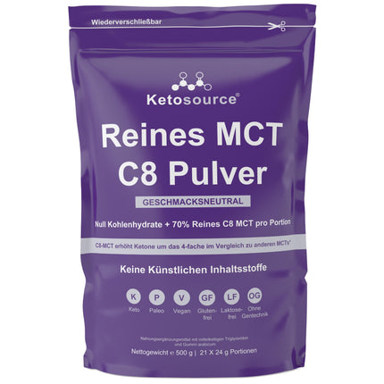 Pure C8 MCT Powder | 4x the Ketone Boost Compared to Other MCTs | Zero Carbs | Supports Keto &amp; Fasting | Vegan, Safe, and Gluten-Free | Tasteless | 500g Pouch | Ketosource