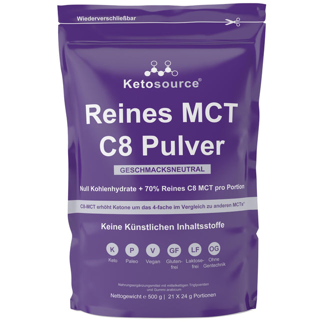 Pure C8 MCT Powder | 4x the Ketone Boost Compared to Other MCTs | Zero Carbs | Supports Keto &amp; Fasting | Vegan, Safe, and Gluten-Free | Tasteless | 500g Pouch | Ketosource