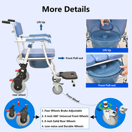 Toilet chair for seniors with wheels, multifunctional shower chair with wheels, foldable, blue shower toilet chair mobile with urine bucket, toilet wheelchair for the elderly and disabled comfort