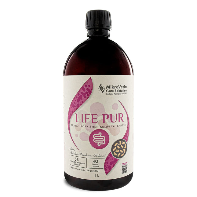 MikroVeda Life PUR 1l, organic enzyme ferment drink, 33 bacterial strains, super-activated, highly cell-available, bioavailable, vegan, raw, certified manufacturer