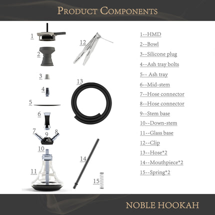 NOBLE HOOKAH Shisha Set Small Shisha Mini Shisha to go with high-quality accessories - hand-blown bottle 2 hoses