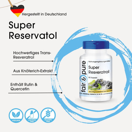 Fair &amp; Pure® - Super Resveratrol - 90 Capsules - Natural Resveratrol from Knotweed with Bioflavonoids - Vegan
