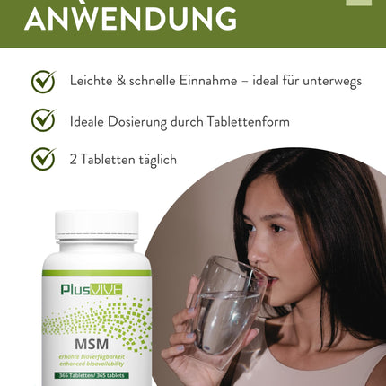 PlusVive MSM tablets high dose | 1 x 365 tablets | 1000mg MSM with 99.8% purity per tablet | MSM capsules with papain &amp; spirulina | Dietary supplement vegan &amp; laboratory-tested