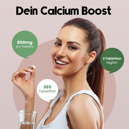 Calcium Tablets High Dose - 365 Tablets - 800mg Calcium per Day - Calcium Tablets High Dose - 180 Day Supply - Vegan and Produced in Germany
