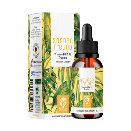 NATURTREU® Vitamin D3 K2 Drops high-dose &amp; vegan - 100% plant-based (without animal lanolin) - 1000 IU Vitamin D + Vitamin K2 - Sun Friend