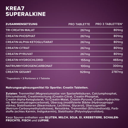 Krea7 Superalkaline Creatine Tablets 180 pcs. - 1590mg creatine per tablet, with a high-dose 7-component formula, vegan &amp; sugar-free creatine
