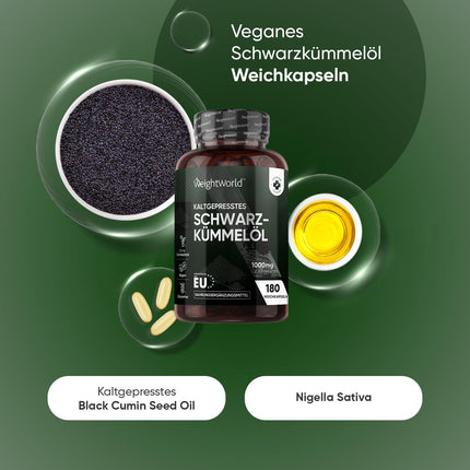 Black Cumin Seed Oil Softgels - 1000mg per Softgel - 6 Month Supply - Black Cumin Seed Oil - Cold-Pressed Black Cumin Seed Oil (Nigella Sativa) - 180 Vegan Softgels - WeightWorld