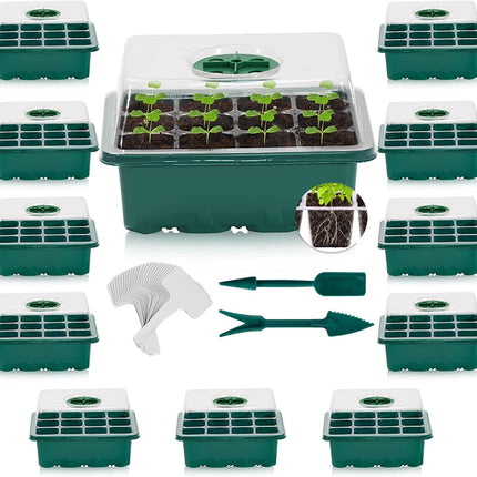 KAHEIGN 12Pcs Growing Kit Indoor Greenhouse Propagator, 144 Cells Mini Greenhouse Growing Set, Seedling Starter Trays Greenhouse Growing Tray with Lid Ventilation for Seedling Plant
