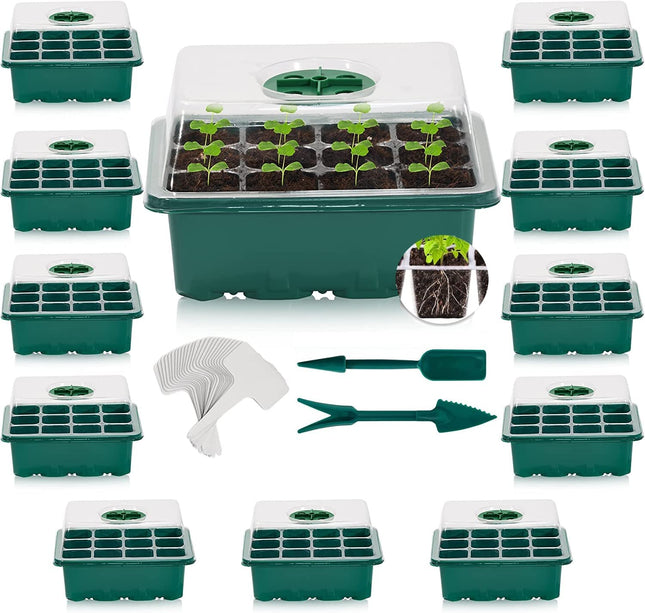 KAHEIGN 12Pcs Growing Kit Indoor Greenhouse Propagator, 144 Cells Mini Greenhouse Growing Set, Seedling Starter Trays Greenhouse Growing Tray with Lid Ventilation for Seedling Plant