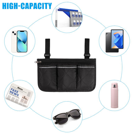 Wheelchair bag for armrest Wheelchair storage bag with 3 compartments and reflective armrest pocket for wheelchairs strollers