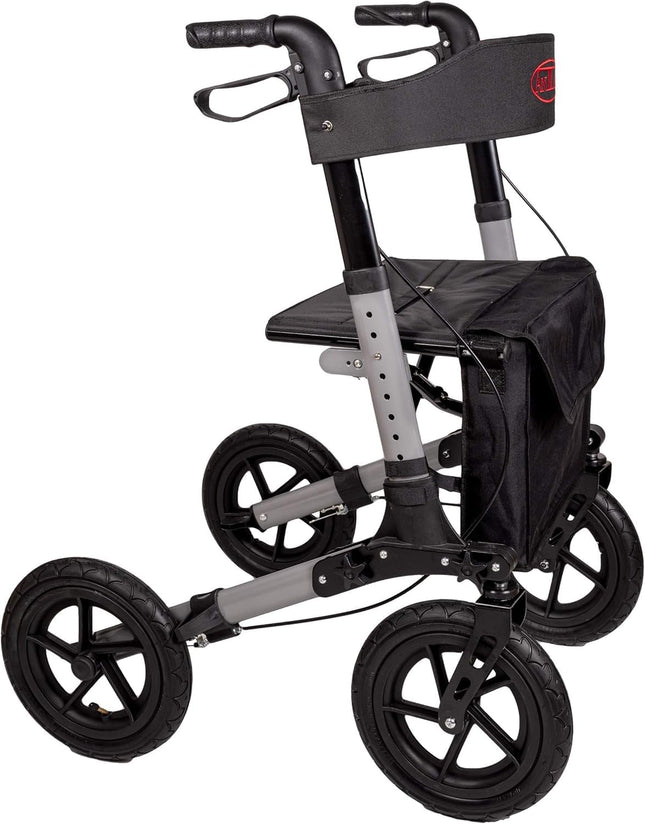 Antar travel rollator with pneumatic tires, folds multiple times for transport. AT51036