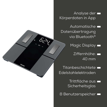 Beurer BF 500 diagnostic scale with Bluetooth and app, digital body fat scale with 180 kg load capacity, analytical scale for measuring body fat, muscle percentage, calorie needs, etc., XL display