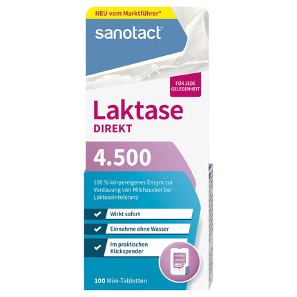 sanotact Lactase Direct 4,500 Mini Tablets – 100 Tablets | For lactose intolerance | Immediate effect | Can be taken without water | Convenient click dispenser