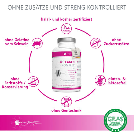 Premium Collagen Hyaluronic Acid Complex - with the superfood goji berry and green tea - 180 collagen capsules from grass-fed beef. 1000mg collagen hydrolysate, biotin, selenium, zinc, vitamins C, B2, and B3.