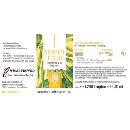 NATURTREU® Vitamin D3 K2 Drops high-dose &amp; vegan - 100% plant-based (without animal lanolin) - 1000 IU Vitamin D + Vitamin K2 - Sun Friend