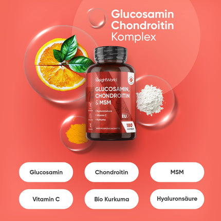 Glucosamine Chondroitin &amp; MSM - 180 Capsules - Vitamin C contributes to normal collagen formation for bone and cartilage function (EFSA) - With Turmeric &amp; Hyaluronic Acid - WeightWorld