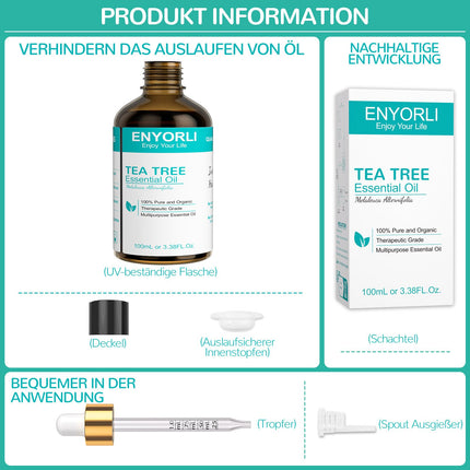 ENYORLI Tea Tree Oil 100ml Natural Tea Tree Oil 100% Pure and Essential Aromatherapy Oil Vegan Tea Tree Essential Oil for Diffuser, Shampoo, Face, Skin, Nails