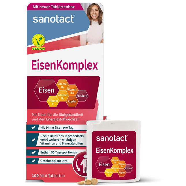 sanotact Iron Complex (100 mini-tablets) • Highly dosed with 14mg iron, copper, folic acid, vitamins C, B2, B6, B12 • Immediate effect for iron deficiency • Iron for blood formation • 100% vegan