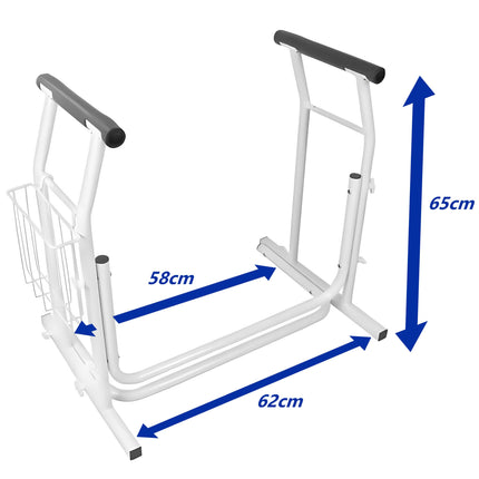 Ergonomic toilet riser with height-adjustable, non-slip armrests and practical basket – ideal for seniors and people with limited mobility