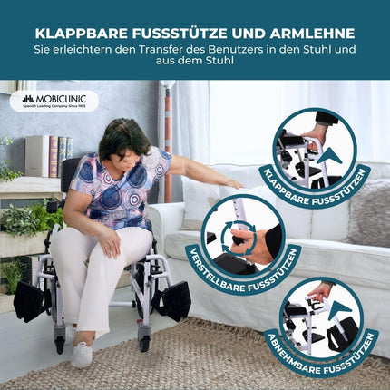 Mobiclinic®, Commode Wheelchair, Height Adjustable, Self-Propelled, Calígula, Folding Footrest and Armrests, With Removable Bowl, Wheel Brake, Aluminum