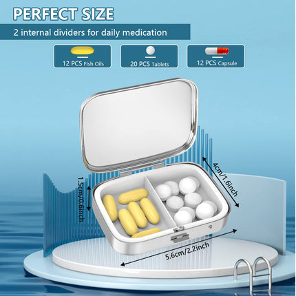 Pill Box 2 Compartments Medicine Pill Box, Portable Pill Box for Pocket or Purse Pill Box Decorative Metal Medicine Vitamin Organizer Unique Gift