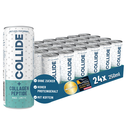 COLLIDE Collagen Drink – Best before: 13.05.2025 – Mint-Lime – 24 x 250ml – Sugar-free – With collagen hydrolysate peptides, vitamins B6 &amp; B12, folic acid, biotin &amp; caffeine – Incl. €6 deposit