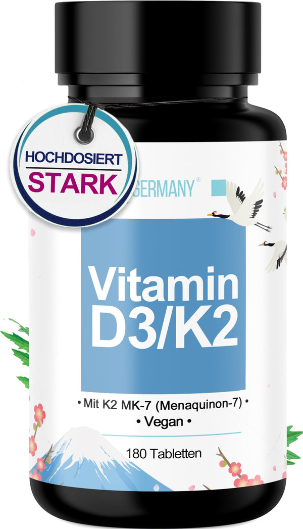 Vitamin D3 + K2 Tablets - 180 Tablets 5,000 IU [DEPOT] - High-dose vitamin D3 and 100 mcg vitamin K2 per ONE tablet - High-quality: Manequinon MK7 - Laboratory-tested