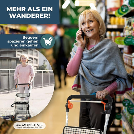 Mobiclinic®, Shopping Trolley Rollator, Walker with Large Shopping Bag and Seat, 21L, Foldable, Lightweight, Shopping Cart, Double Brake System, Walking Aid, Made of Steel, Stable