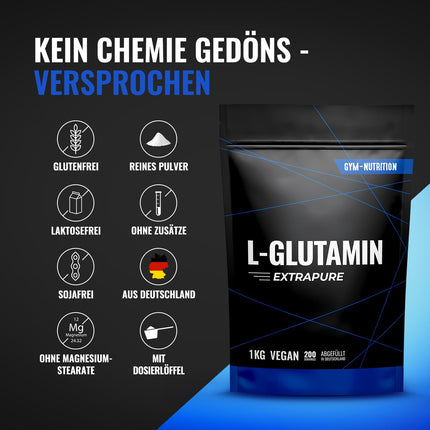 L-Glutamine Powder 1000g / 1kg - Ultra-pure powder with extra high dosage - Glutamine - Laboratory tested and vegan - Made in Germany 1kg - Neutral taste, natural