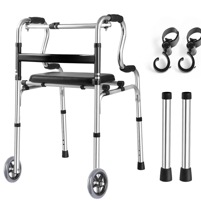 REAQER Walking Frame for Seniors Stable, Foldable Walking Aid with Removable Wheels and Seat, 2 Hooks
