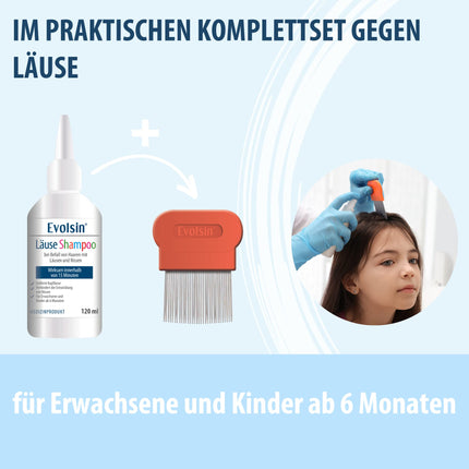 Evolsin® 120ml Lice Shampoo &amp; Lice Comb for adults &amp; children from 6 months – for hair infestation with nits &amp; head lice – lice remedy gentle on the scalp – works in 15 minutes