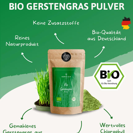 Organic Barley Grass Powder 500g | Finely ground barley grass powder | Certified organic quality | Perfect addition to smoothies, juices, golden milk, moon milk, etc. | Herzlich Natur