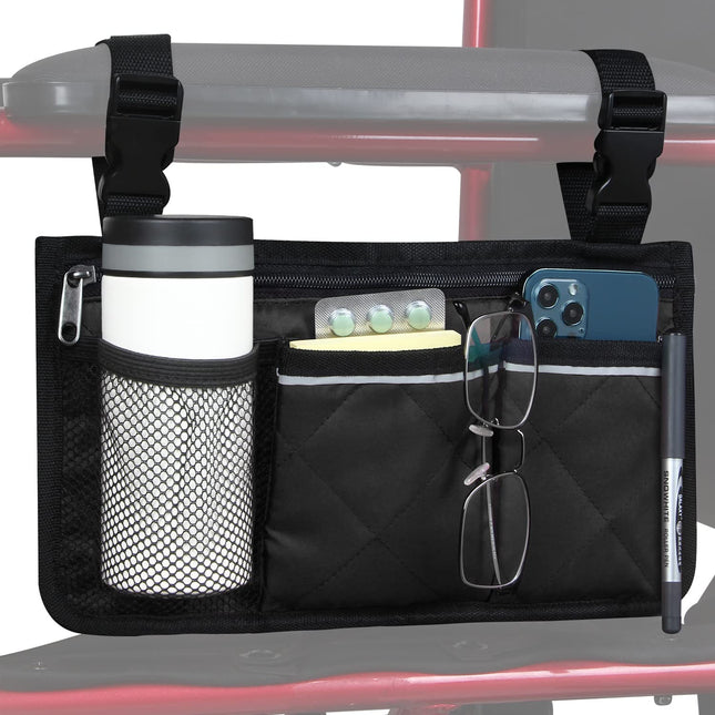 Wheelchair storage bag armrest pocket with cup holder and reflective strip, for most wheelchairs, walking frames or rollators (black)