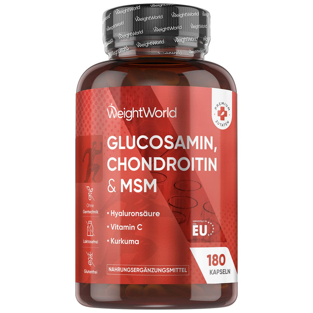 Glucosamine Chondroitin &amp; MSM - 180 Capsules - Vitamin C contributes to normal collagen formation for bone and cartilage function (EFSA) - With Turmeric &amp; Hyaluronic Acid - WeightWorld