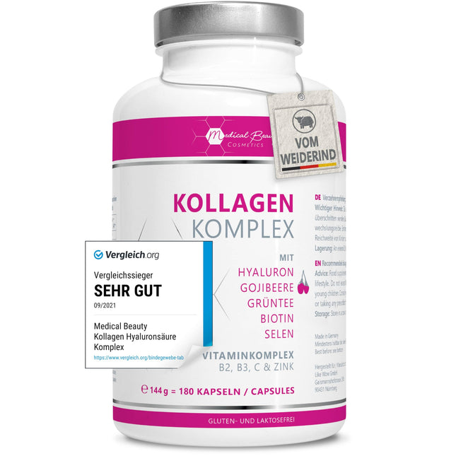 Premium Collagen Hyaluronic Acid Complex - with the superfood goji berry and green tea - 180 collagen capsules from grass-fed beef. 1000mg collagen hydrolysate, biotin, selenium, zinc, vitamins C, B2, and B3.