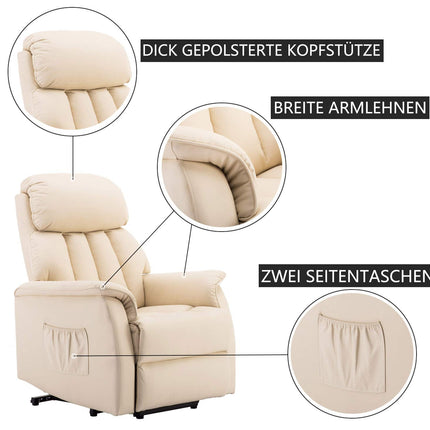 M MCombo TV armchair with electric riser, recliner chair with reclining function, senior armchair for the living room, TV armchair with reclining function up to 140°, with USB 7299 (faux leather, cream white)