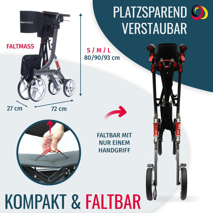 Lightweight Rollator Spring - Walking aid with comfortable suspension - height adjustable &amp; foldable - includes mesh pocket &amp; back strap - comfortable seat - foldable - Model S Jade Green