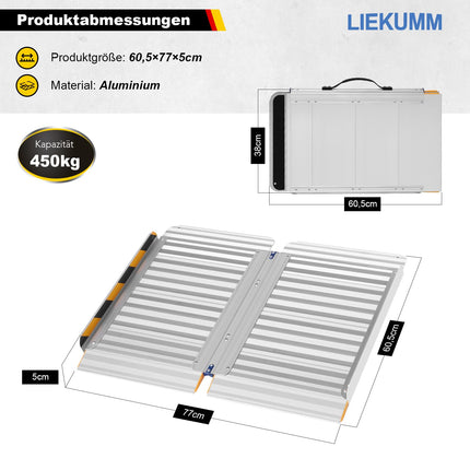 LIEKUMM 60 x 76 cm Foldable Wheelchair Ramp, 450 kg Capacity, Anti-Slip Aluminum Threshold Ramp for Wheelchair Users, Stairs, Doors, Mobility Scooters