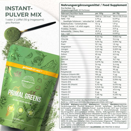 Primal Harvest Super Greens Powder with 27 plant compounds, including spirulina and wheatgrass, 30 servings