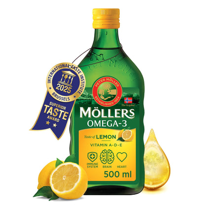 Möller's Omega 3 Cod Liver Oil | Nordic Omega 3 supplement with EPA, DHA, vitamins A, D, and E | Superior Taste Award | Highly pure natural | 165-year-old brand | Lemon | 500 ml