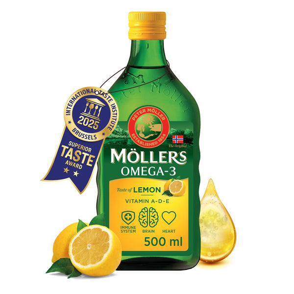 Möller's Omega 3 Cod Liver Oil | Nordic Omega 3 supplement with EPA, DHA, vitamins A, D, and E | Superior Taste Award | Highly pure natural | 165-year-old brand | Lemon | 500 ml