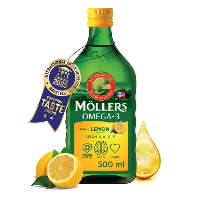 Möller's Omega 3 Cod Liver Oil | Nordic Omega 3 supplement with EPA, DHA, vitamins A, D, and E | Superior Taste Award | Highly pure natural | 165-year-old brand | Lemon | 500 ml