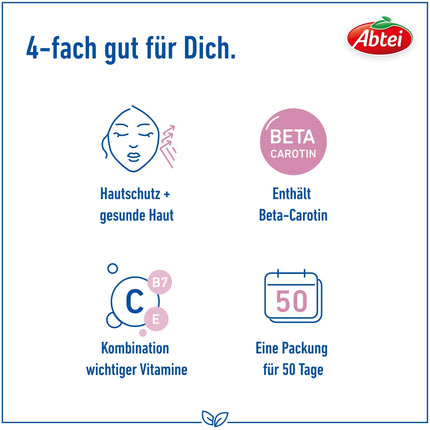 Abtei Beta-Carotene Plus - For skin protection - With skin-active B vitamins - Gluten-free, lactose-free - 50 capsules